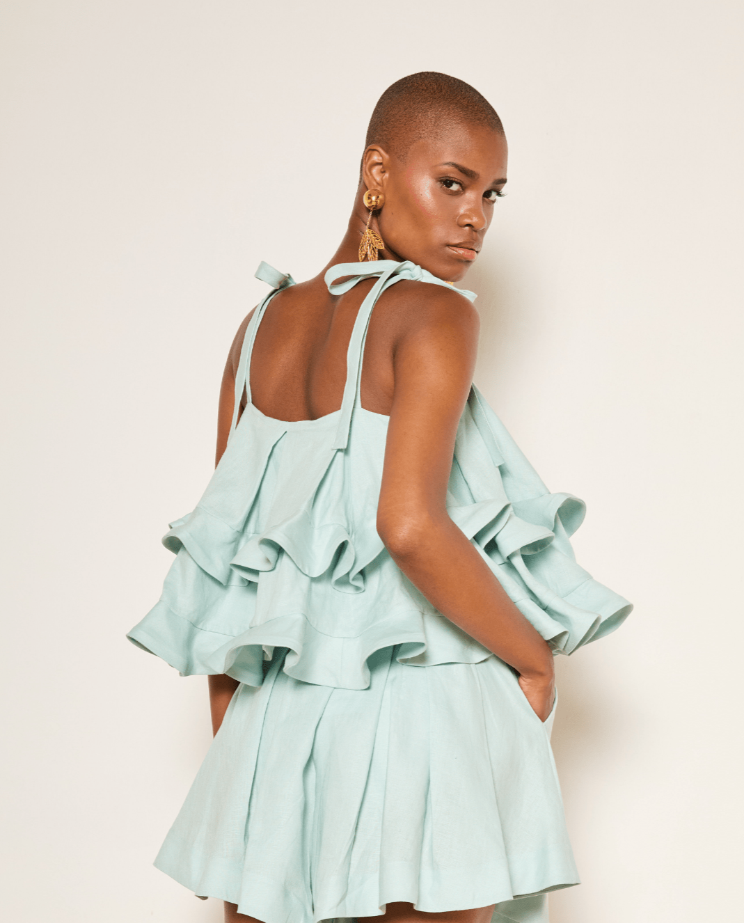 Mabel Brempong Tiered Ruffle Linen Crop Top