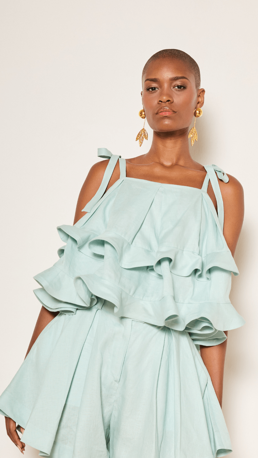 Mabel Brempong Tiered Ruffle Top In Italian Linen Mint Color