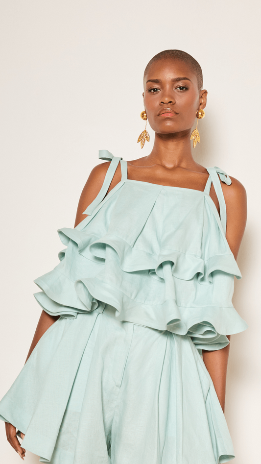 Mabel Brempong Tiered Ruffle Top In Italian Linen Mint Color