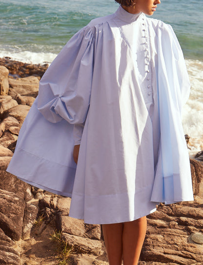 Puff Sleeve Shirt Dress In Daisy Blue
