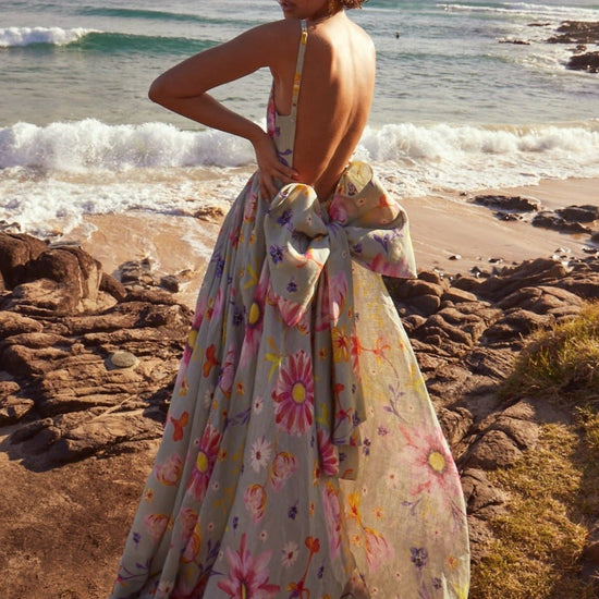Open Back Linen Gown In Fresh Sage
