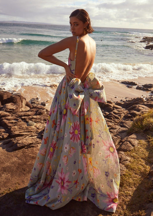 Open Back Linen Gown In Fresh Sage
