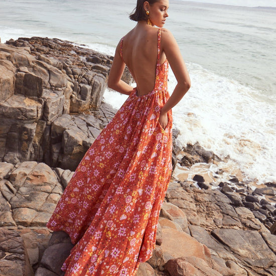 Open Back Linen Gown In Daylily Orange